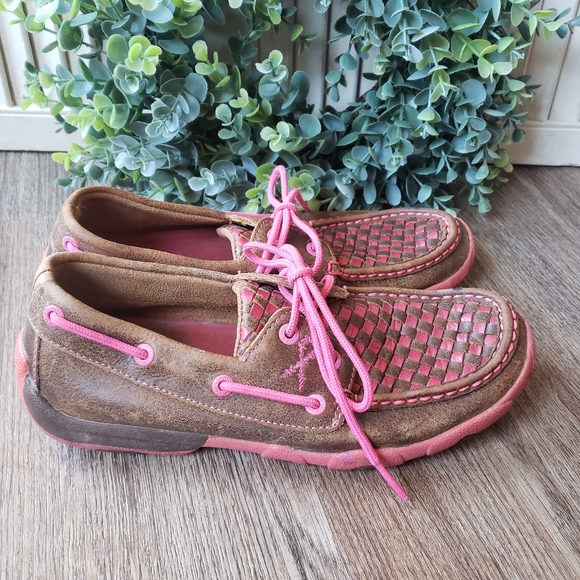 Twisted X Pink Brown Leather Cancer Awareness Weave Driving Mocs Womens Size 6.5 - Picture 2 of 8